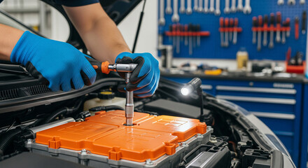 A mechanic repairs an electric battery pack of a hybrid car, close-up. Service repair, car workshop, technical inspection
