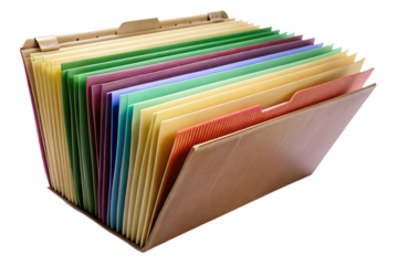 Colorful expanding file folder organized with multiple labeled sections isolated on transparent background transparent background