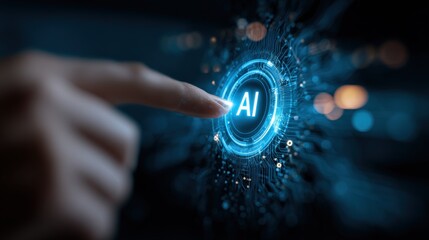 Artificial Intelligence Activation: Finger Touching a Glowing AI Interface Button, Modern Technology Concept