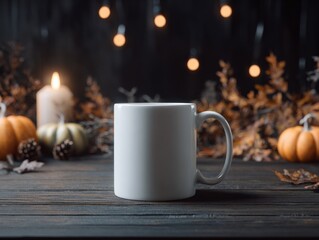 Fototapeta premium Cozy Autumn Mockup: White Mug with Pumpkins, Candle, and Festive Lights for Seasonal Designs