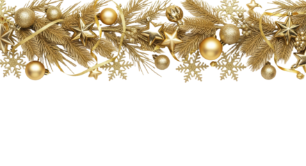 Elegant Golden Christmas Decorations Border with Stars, Baubles, and Snowflakes on Isolated Background. isolated on transparent background, png background. PNG Isolated Transparent