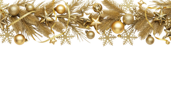 Elegant Golden Christmas Decorations Border with Stars, Baubles, and Snowflakes on Isolated Background. isolated on transparent background, png background. PNG Isolated Transparent