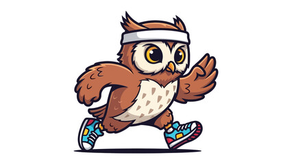 Owl Athlete: A cartoon owl diligently jogs with focused energy, showcasing a fusion of fitness and woodland wildlife.