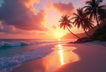 dreamy sunset over tropical lagoon coastline vibrant colors waves palm trees reflecting tranquil atmosphere serene vibes, beach, water, reflection, clouds, sky