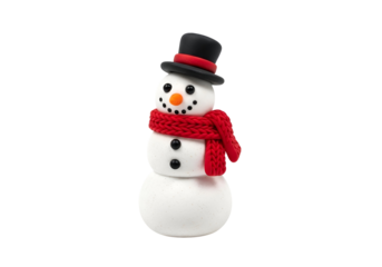 A charming snowman figurine, detailed in white, black, and red colors, stands out against a striking black background.