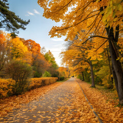 Fototapeta premium Pathway covered with golden autumn leaves
