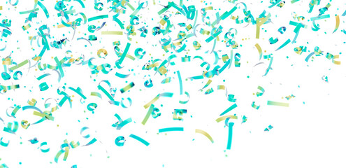 Festive teal and gold confetti falling on white background. Perfect for party invitations, banners, and celebrations.