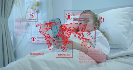 Girl tapping smartphone in hospital and causing pulsing red hacking overlay while verifying breach - Powered by Adobe