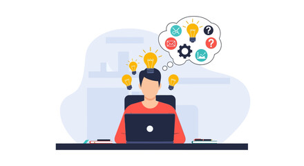 Conceptual illustration of a creative professional brainstorming new innovative ideas and solutions while working on a laptop