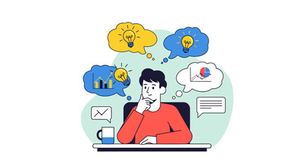 Fototapeta premium Man thinking about a new business concept with data analysis charts and creative ideas. Flat vector illustration of strategic planning and brainstorming