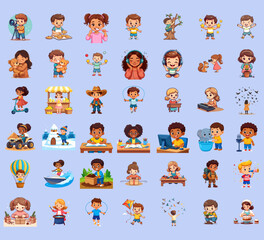 Cartoon vector illustration featuring diverse children engaging in various activities and hobbies against a soft blue background.