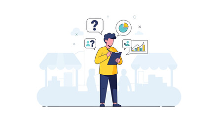 A market researcher analyzes consumer behavior and business data using charts and graphs for strategic insights