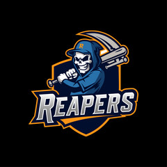 Grim Reaper Baseball Mascot Logo Design – Skeleton with Bat and Ball Sports Team Emblem Vector Illustration