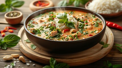 Delicious spicy Thai red curry with chicken and basil