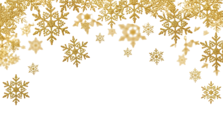 Golden Glitter Snowflakes and Stars Festive Winter Holiday Background for Christmas and New Year Celebrations. isolated on transparent background, png background. No Background PNG