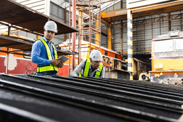 Industrial train engineers in safety hard hat inspecting mechanical components and reviewing data on digital tablet. Concept of factory inspection, quality control and manufacturing process.