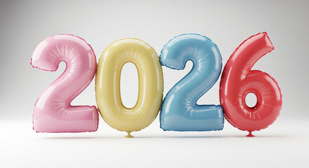 Pastel foil balloons forming the number 2026, isolated on a clean background, perfect for a New Year or celebration design
