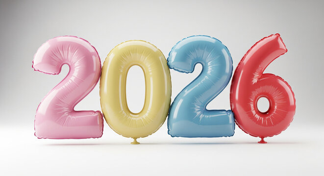 Pastel foil balloons forming the number 2026, isolated on a clean background, perfect for a New Year or celebration design