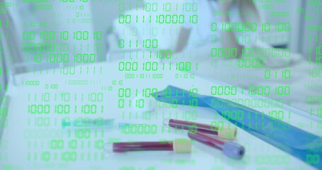 Lab technician entering bench tapping red blood tube initiating sample inspection under green code - Powered by Adobe