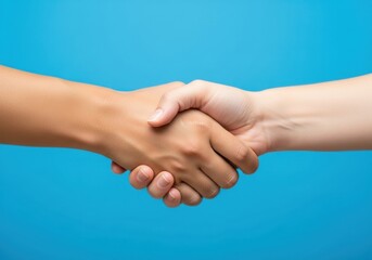 Interracial handshake symbolizing unity and collaboration on blue background