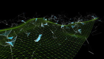 Futuristic background wavy grid quantum computing with poligons broken data. Big data. Digital technology concept research lost bytes in ciberspace.