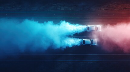 Aerial View of Two Cars Drifting on Asphalt Road with Blue and Red Smoke at Night for Racing Concept