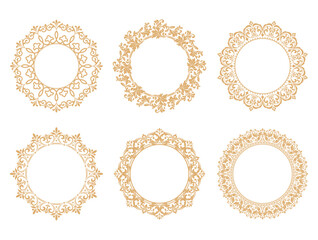 Set of decorative frames Elegant vector element for design in Eastern style, place for text. Floral golden and white borders. Lace illustration for invitations and greeting cards
