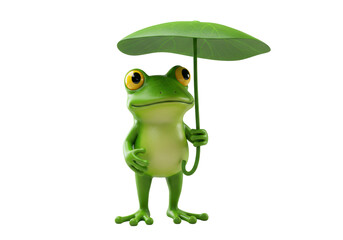 Isolated Tree frog holding a leaf above its head, amphibian in a standing position
