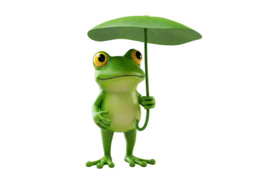 Isolated Tree frog holding a leaf above its head, amphibian in a standing position