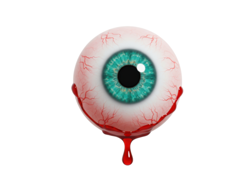 Isolated bloodshot eyeball with blood dripping down, halloween horror concept design element