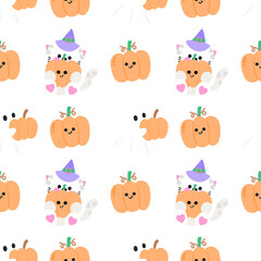 Halloween Seamless Pattern with Ghosts, Cats, and Pumpkins