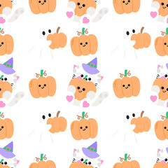 Seamless Pattern with Ghost, Cat and Pumpkins