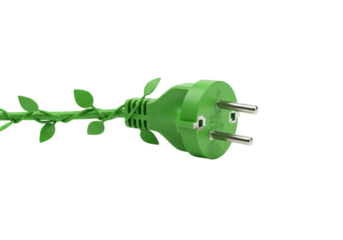 Isolated green electric plug with vine cord and leaves symbol for renewable energy use