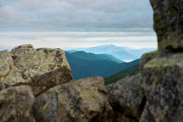Rocky background in the mountains. Scenic view of the morning mountains. Carpathian vivid landscapes.