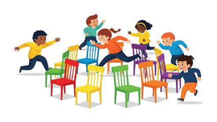 Musical Chairs: Playful illustration of children in a colorful and dynamic game of musical chairs, a celebration of childhood and interactive fun.
