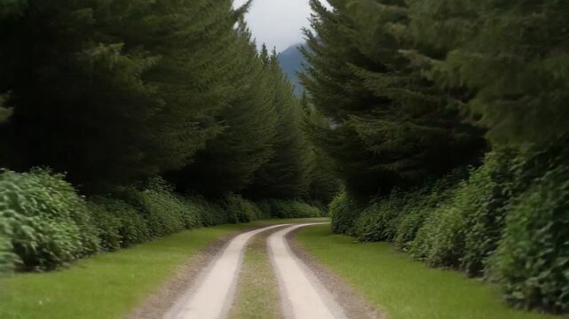 A scenic dirt road winding through a lush forest in New Zealand