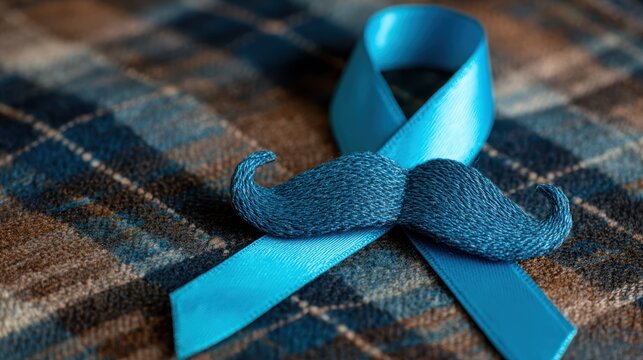 Blue ribbon with a mustache displayed on a patterned surface symbolizing men's health awareness.
