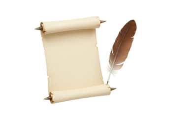Isolated old parchment scroll with feather quill, vintage document, antique paper sheets