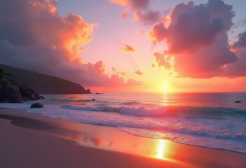 Fototapeta premium stunning coastal scenery vibrant sunset colors serene beach waves reflections scenic horizon nature, sky, water, shore, clouds, pink, orange, yellow, blue, sea
