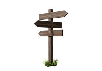 Isolated Wooden Signpost with Three Arrows Directing Different Ways, Signpost in Grass