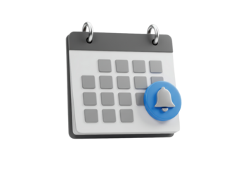 Isolated calendar icon with notification bell on white background for reminders or events