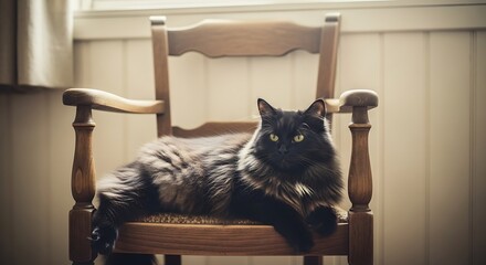 Black Cat Relaxing on Wooden Chair.