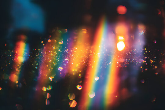 Vibrant abstract rainbow light reflections on dark bckground. Ideal for creatie design, futuristic theme colorful effects. Blurry parkling particles in the ir, festive light effect