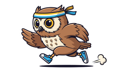 Speedy Owl on the Run: A dynamic cartoon illustration of a speedy owl fully engaged in running action. Dressed in active wear and with focused gaze, it exemplifies the spirit of fitness and swiftness.