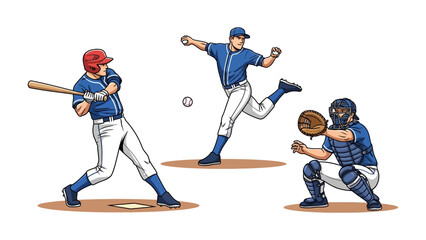 Obraz premium Baseball Action: A vibrant cartoon illustration capturing the dynamic moments of a baseball game, featuring a batter swinging, a pitcher throwing, and a catcher ready to receive. 