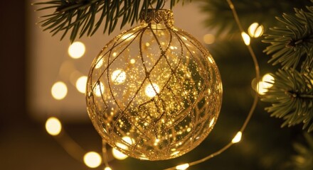 Golden Glitter Christmas Ornament on Fir Tree, Illuminated by Warm Fairy Lights and Bokeh, Capturing a Magical Holiday Season Ambiance