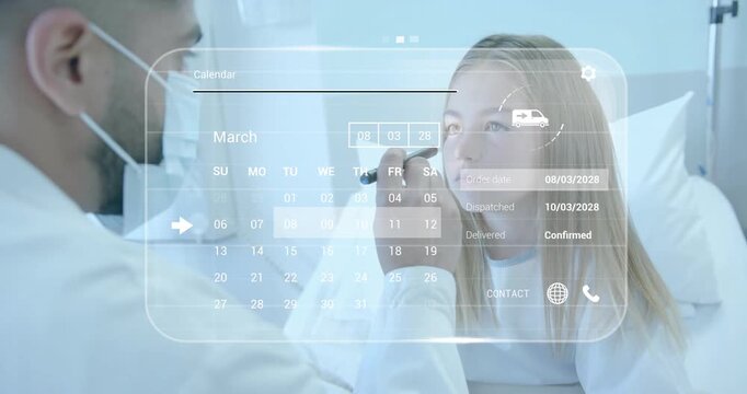 Doctor tapping stylus and updating transparent AR health calendar while confirming patient order