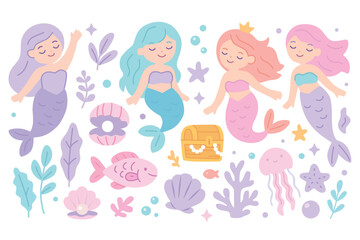 Hand drawn cute mermaid stickers with underwater elements, pastel colors, treasure chest, fish, shells, coral, sea plants. Simple flat vector illustration on white background. Ocean fantasy collection