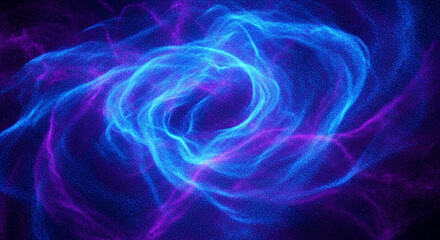 Abstract swirling blue and purple light particles on dark background create dynamic energy flow, symbolizing cosmic energy or digital innovation