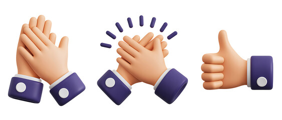 3d illustration of clapping hands and thumbs up gesture, isolated on transparent background